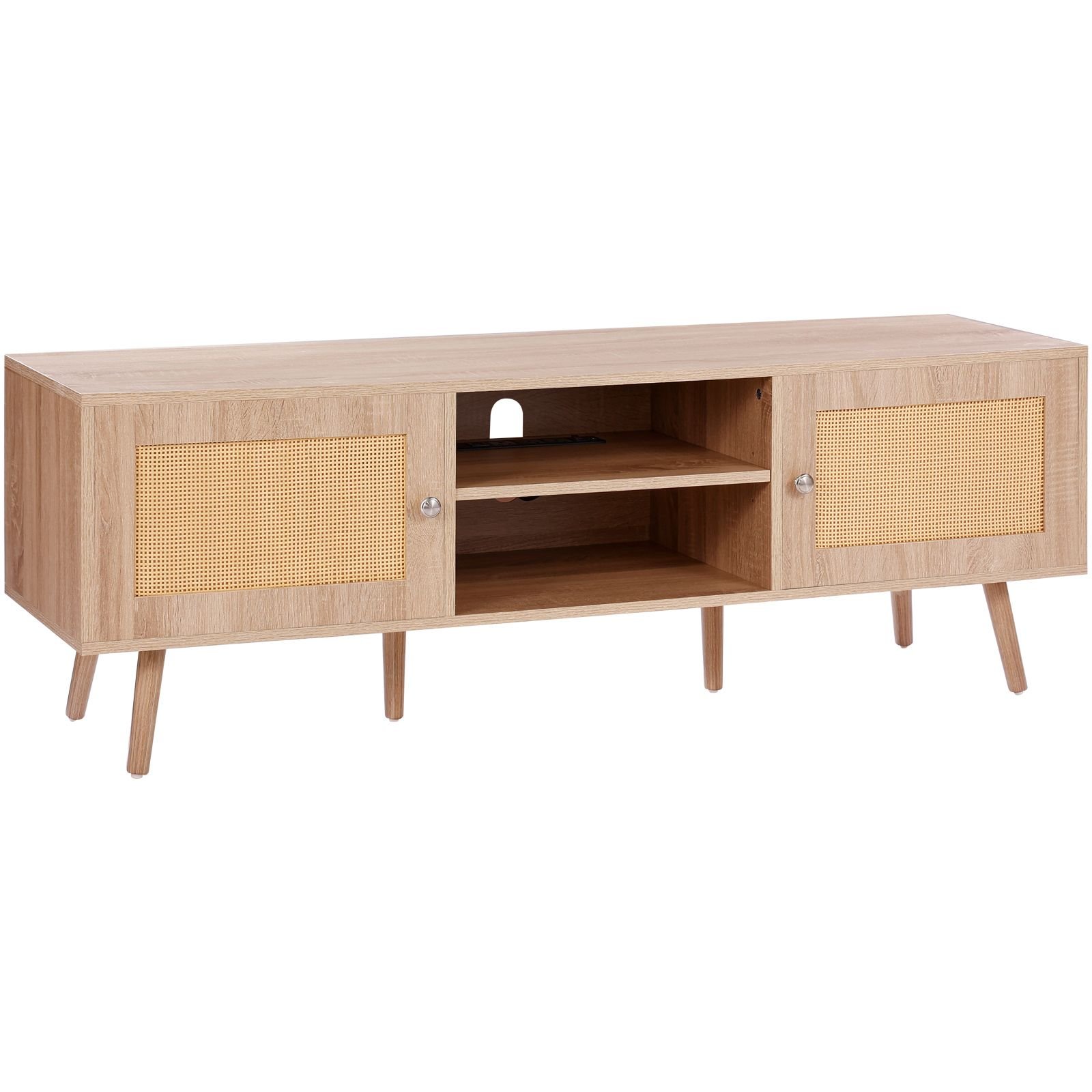 rattan tv stand, mid century modern tv stand for 65 inch tv, boho rattan tv cabinet with build in socket and usb ports, adjustable shelfs for living room, media room, oak