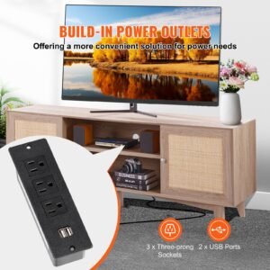 rattan tv stand, mid century modern tv stand for 75 inch tv, boho rattan tv cabinet with build in socket and usb ports, adjustable shelfs for living room, media room, oak