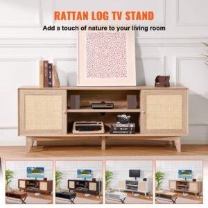 rattan tv stand, mid century modern tv stand for 75 inch tv, boho rattan tv cabinet with build in socket and usb ports, adjustable shelfs for living room, media room, oak