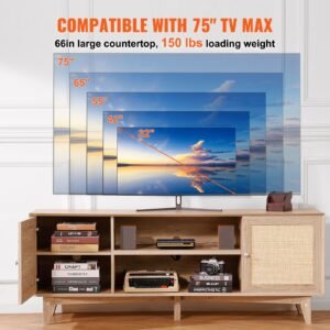rattan tv stand, mid century modern tv stand for 75 inch tv, boho rattan tv cabinet with build in socket and usb ports, adjustable shelfs for living room, media room, oak