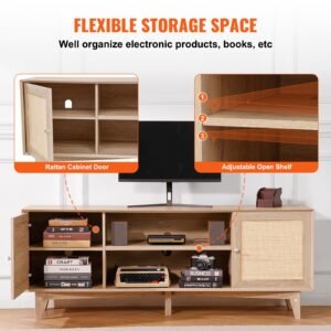 rattan tv stand, mid century modern tv stand for 75 inch tv, boho rattan tv cabinet with build in socket and usb ports, adjustable shelfs for living room, media room, oak