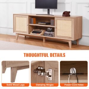 rattan tv stand, mid century modern tv stand for 75 inch tv, boho rattan tv cabinet with build in socket and usb ports, adjustable shelfs for living room, media room, oak
