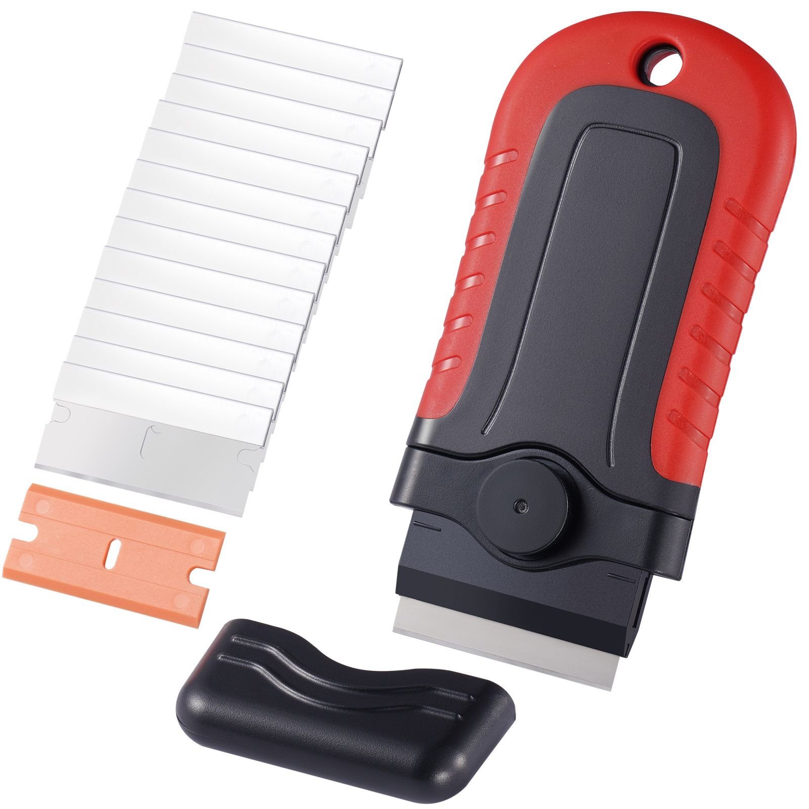 razor blade scraper, 15 extra blades, locking scraper tool with security cap, carbon steel and pom blades, for cleaning labels, stickers, decals, paint from glass window stovetop cooktop oven