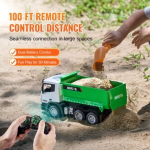 rc dump truck toy, 9 channel 1:18 scale, remote control dump truck rc construction vehicle truck toy with light & 2 rechargeable batteries birthday gift for toddlers kids boys and girls age 8+