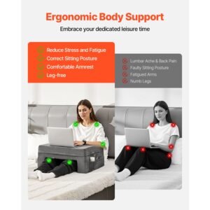 reading pillow, lap desk pillow with washable cloth, large bed pillow with 2 pockets and cup holder, memory foam bed rest for reading, gaming, resting, working, grey