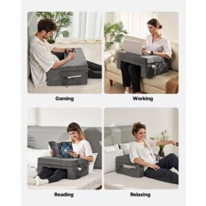 reading pillow, lap desk pillow with washable cloth, large bed pillow with 2 pockets and cup holder, memory foam bed rest for reading, gaming, resting, working, grey