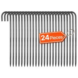 rebar stakes, 16 inch, heavy duty 0.4 in diameter j hook, galvanized steel ground anchors with chisel point end & rust resistant coating, for gardening support, fence, camping tents (24 pack)