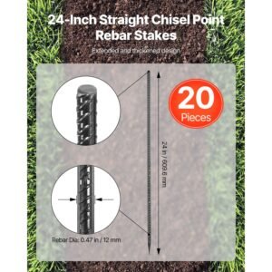 rebar stakes, 24 inch, heavy duty 0.47 in diameter, straight galvanized steel ground anchors with chisel point end & rust resistant coating, for gardening support, fence, camping tents (20 pack)