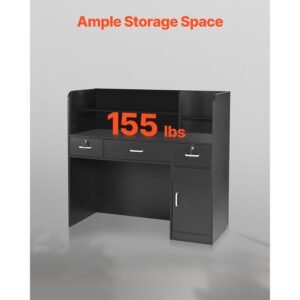 reception desk, 47 inch rectangular front counter table, office reception counter with lockable drawer and storage cabinet, for checkout, lobby, beauty salon and office, black