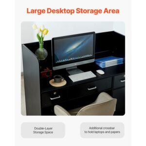 reception desk, 47 inch rectangular front counter table, office reception counter with lockable drawer and storage cabinet, for checkout, lobby, beauty salon and office, black