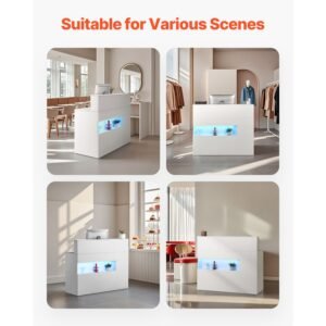 reception desk, 47 inch rectangular front counter table, office reception desk with led light, 2 drawers and power outlets, for checkout, lobby, beauty salon and office, white