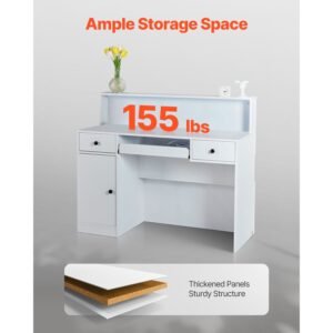 Reception Desk, 47 Inch Rectangular Front Counter Table, Office Reception Desk with LED Light, 2 Drawers and Power Outlets, for Checkout, Lobby, Beauty Salon and Office, White