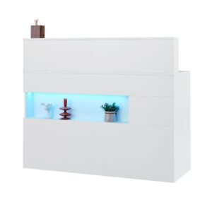 reception desk, 47 inch rectangular front counter table, office reception desk with led light, 2 drawers and power outlets, for checkout, lobby, beauty salon and office, white