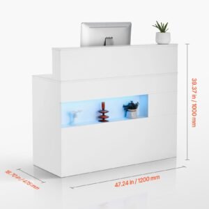 reception desk, 47 inch rectangular front counter table, office reception desk with led light, 2 drawers and power outlets, for checkout, lobby, beauty salon and office, white