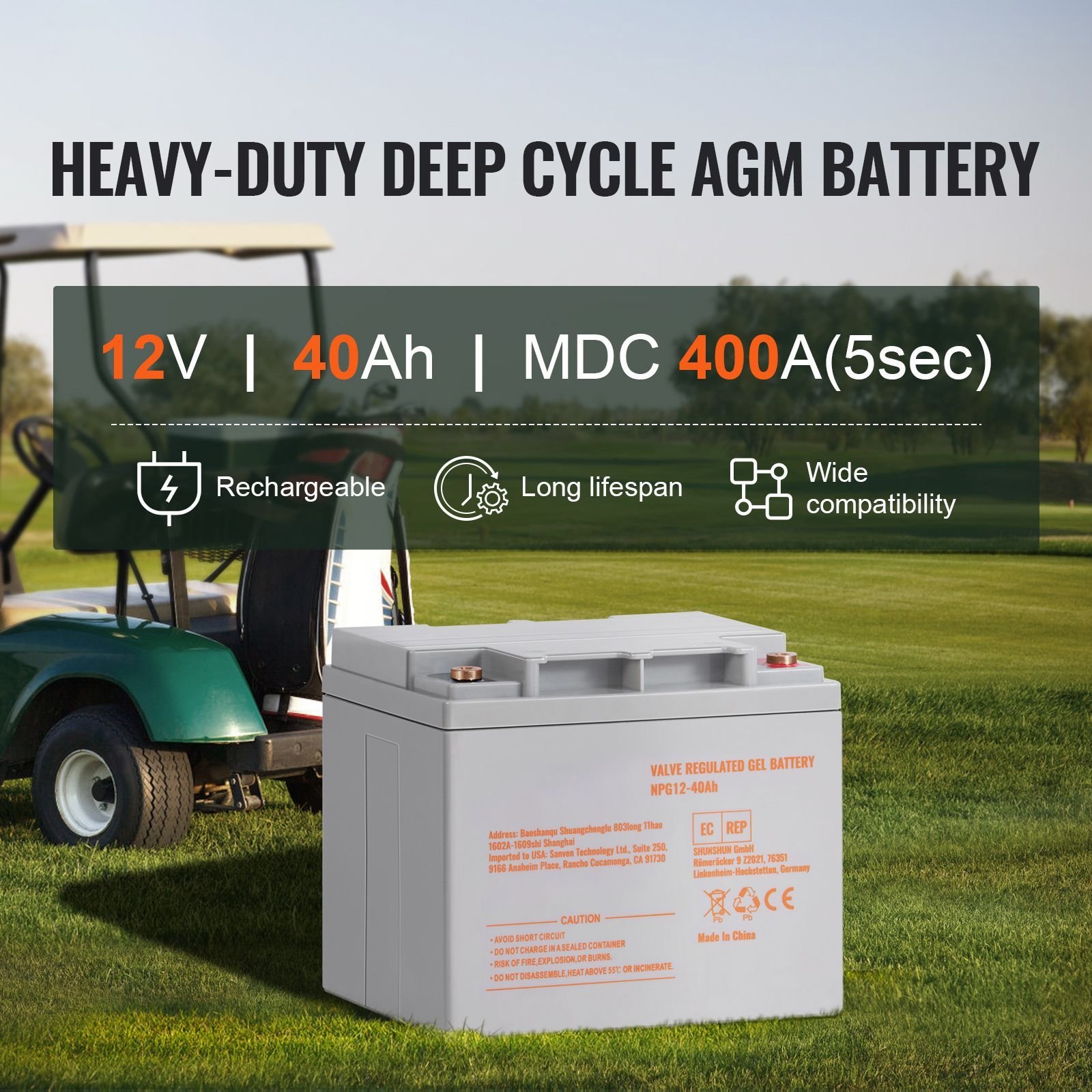 rechargeable agm marine battery, 12v 40ah, with 400a discharge current, ideal for mobility scooters, electric wheelchairs, go karts, and e bikes