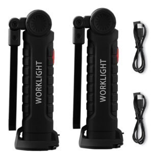 Rechargeable LED Work Light, 1200 mAh, Magnetic Mechanic Flashlight with Magnetic Base, 360° Rotation, 5 Lighting Modes, Foldable Grill Lamp for Mechanics, Car Repairs, Home, Emergency (2 Pack)