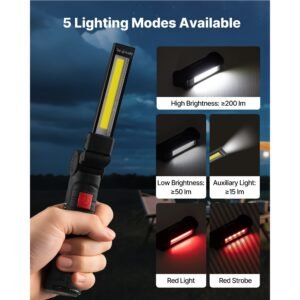 rechargeable led work light, 1200 mah, magnetic mechanic flashlight with magnetic base, 360° rotation, 5 lighting modes, foldable grill lamp for mechanics, car repairs, home, emergency (2 pack)