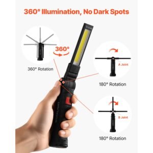 rechargeable led work light, 1200 mah, magnetic mechanic flashlight with magnetic base, 360° rotation, 5 lighting modes, foldable grill lamp for mechanics, car repairs, home, emergency (2 pack)