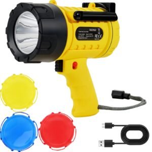 Rechargeable Spotlight Flashlight, 1000,000 Lumens, IP67 Waterproof Handheld LED Spot Light, Super Bright Portable Searchlight with 4 Modes Detachable Lens USB Port, for Hunting Boating Camping