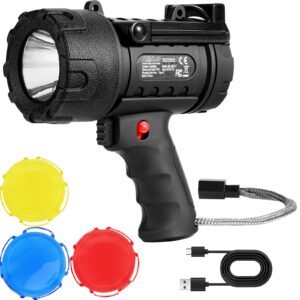 Rechargeable Spotlight Flashlight, 200,000 Lumens, IP67 Waterproof Handheld LED Spot Light, Super Bright Portable Searchlight with 4 Modes Detachable Lens USB Port, for Hunting Boating Camping