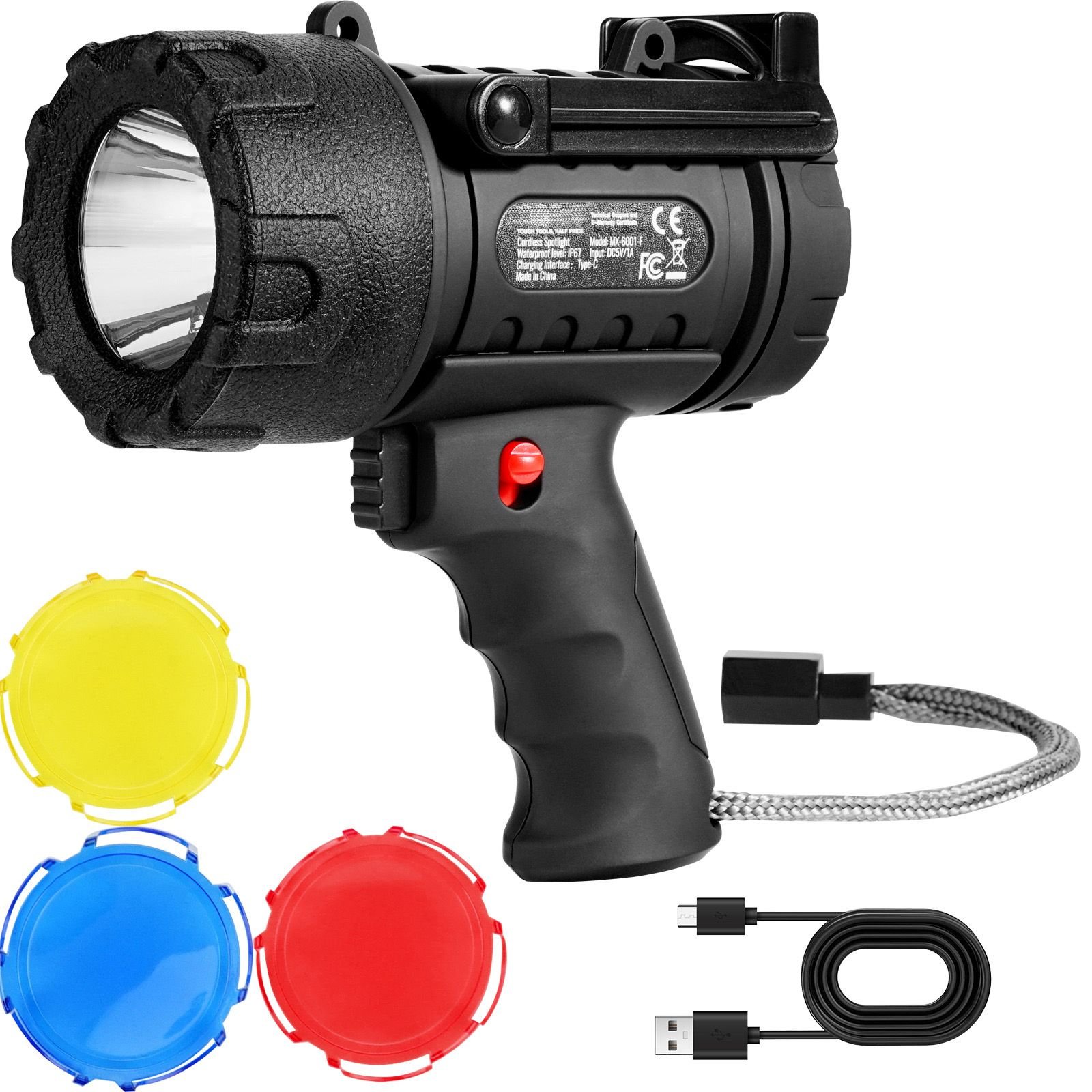 rechargeable spotlight flashlight, 200,000 lumens, ip67 waterproof handheld led spot light, super bright portable searchlight with 4 modes detachable lens usb port, for hunting boating camping