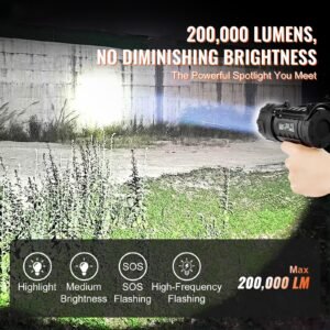 rechargeable spotlight flashlight, 200,000 lumens, ip67 waterproof handheld led spot light, super bright portable searchlight with 4 modes detachable lens usb port, for hunting boating camping