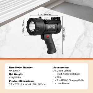 rechargeable spotlight flashlight, 200,000 lumens, ip67 waterproof handheld led spot light, super bright portable searchlight with 4 modes detachable lens usb port, for hunting boating camping