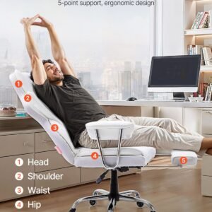 reclining office chair with footrest, heavy duty pu leather wide office chair, big and tall executive office chairs with lumbar support, strong metal base quiet wheels, white