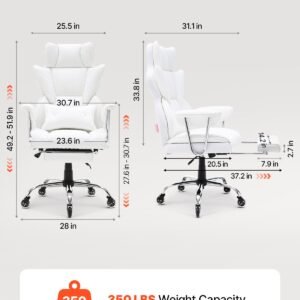 reclining office chair with footrest, heavy duty pu leather wide office chair, big and tall executive office chairs with lumbar support, strong metal base quiet wheels, white