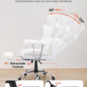 reclining office chair with footrest, heavy duty pu leather wide office chair, big and tall executive office chairs with lumbar support, strong metal base quiet wheels, white