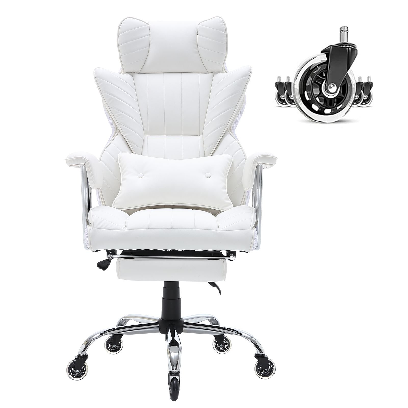 reclining office chair with footrest, heavy duty pu leather wide office chair, big and tall executive office chairs with lumbar support, strong metal base quiet wheels, white