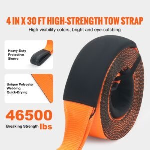recovery tow strap 4" x 30', 46,500 lbs break strength, triple reinforced loop straps, tree saver, off road towing and recovery, extreme weather resistance, protective sleeves & storage bag