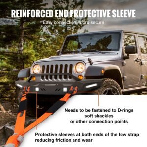 recovery tow strap 4" x 30', 46,500 lbs break strength, triple reinforced loop straps, tree saver, off road towing and recovery, extreme weather resistance, protective sleeves & storage bag