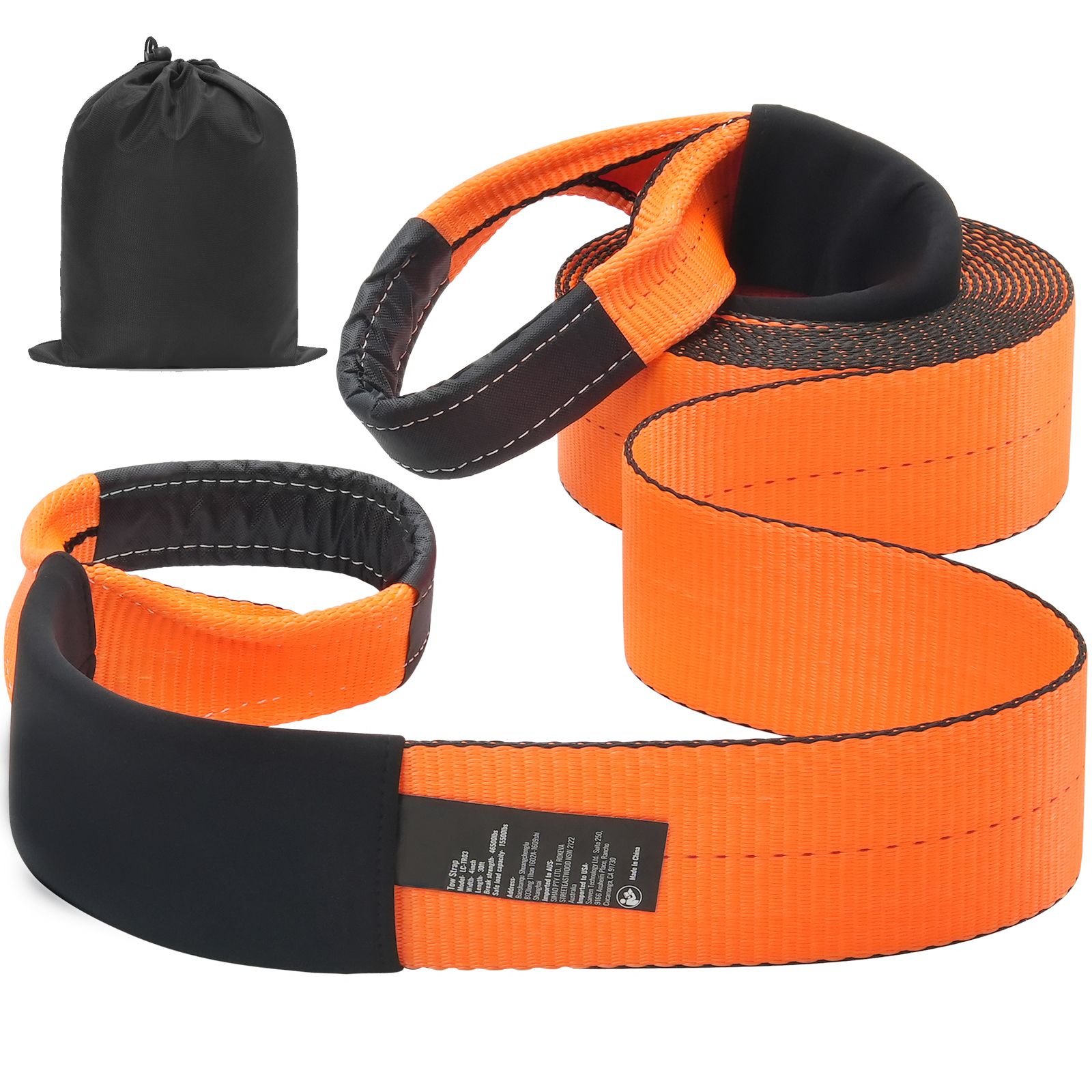 recovery tow strap 4" x 30', 46,500 lbs break strength, triple reinforced loop straps, tree saver, off road towing and recovery, extreme weather resistance, protective sleeves & storage bag