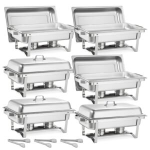 rectangle chafing dish, 9 qt 6 pack stainless steel chafing dish, food warmer chafer complete set with hollow handle, 3 food tongs, lid, fuel holder, chafer dishes for banquet party wedding