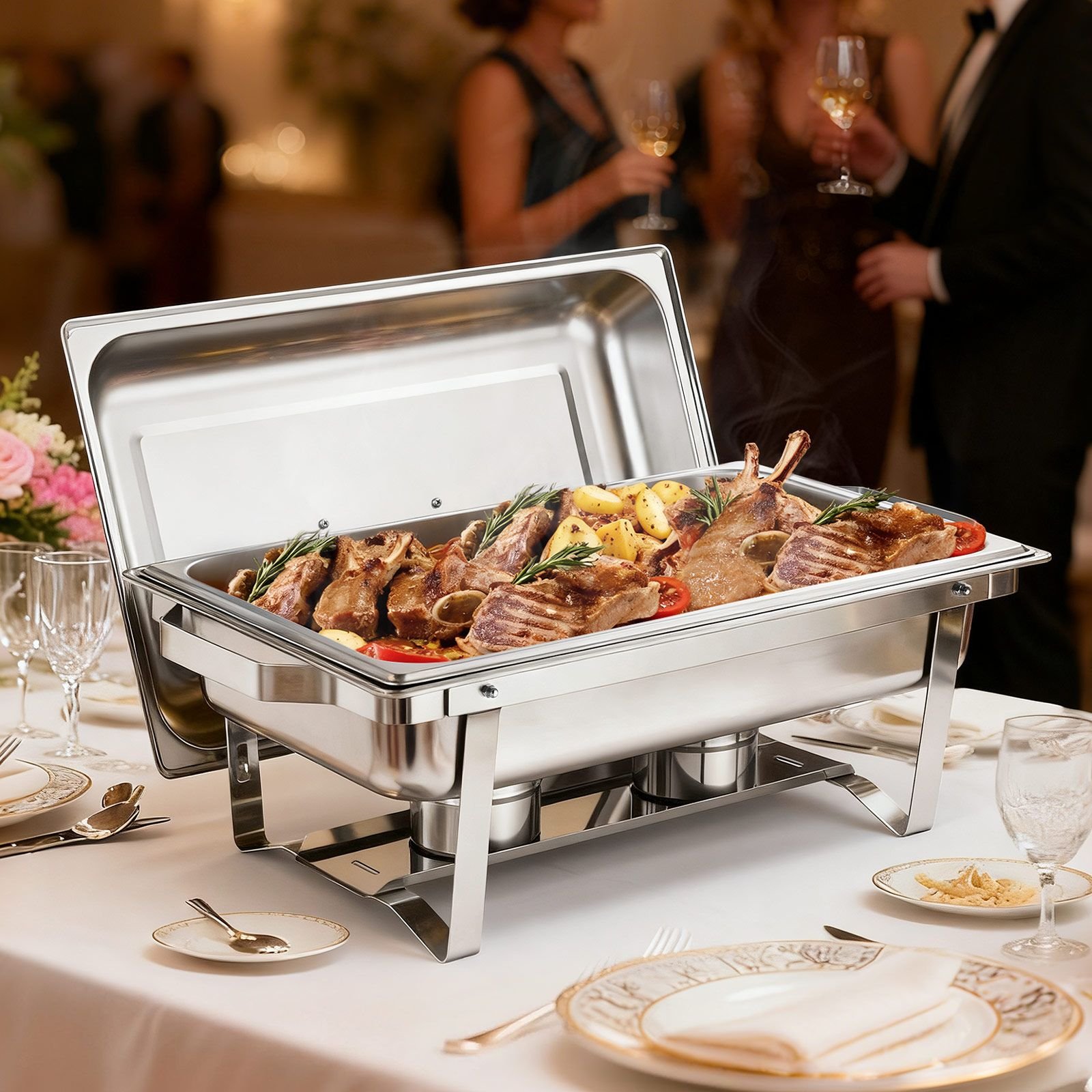 rectangle chafing dish, 9 qt 6 pack stainless steel chafing dish, food warmer chafer complete set with hollow handle, 3 food tongs, lid, fuel holder, chafer dishes for banquet party wedding