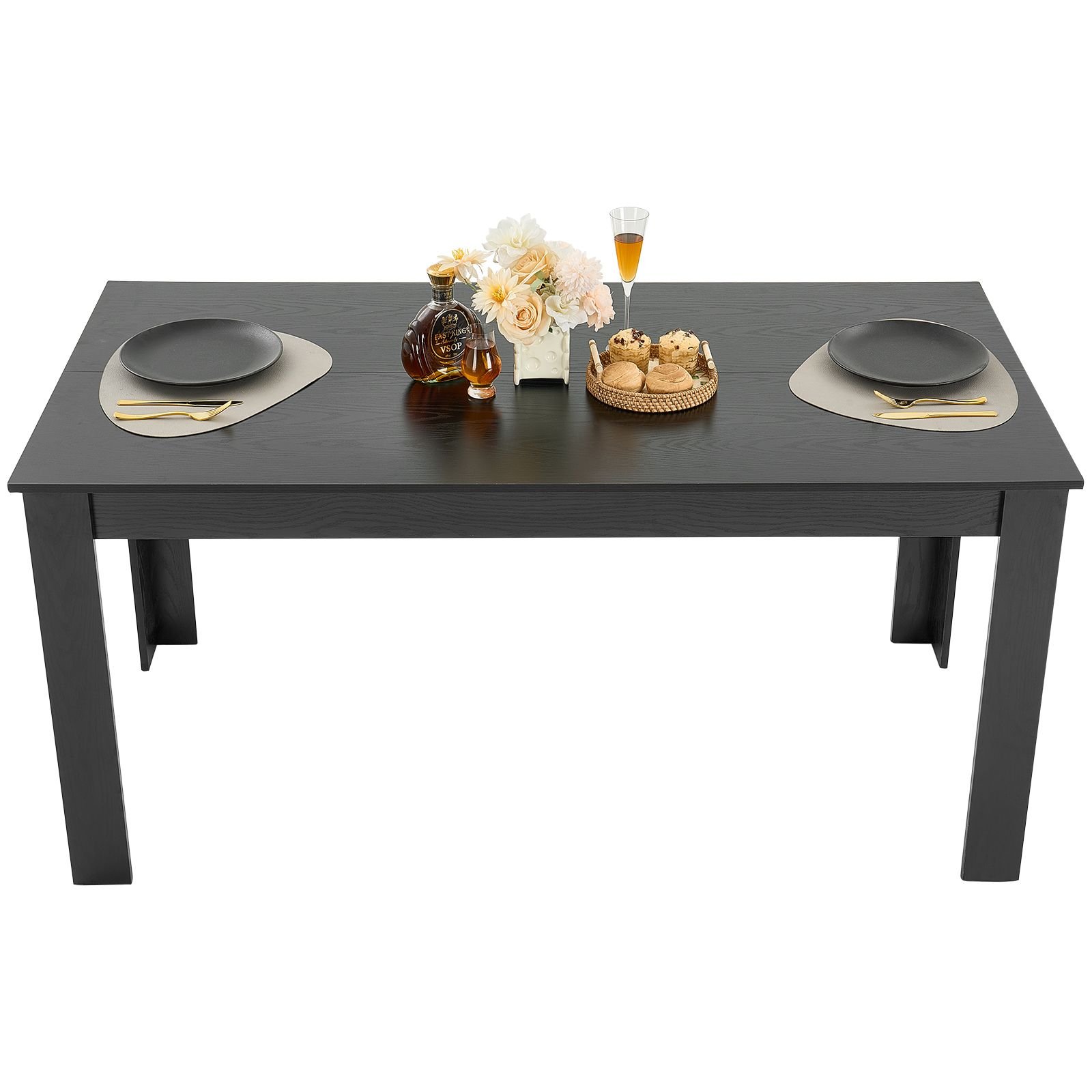 rectangle dining table, 63 inch length large wood tables for 4 6 person, modern dinner furniture, conference desk supporting for 330lbs, for home kitchen living room, black(only table)