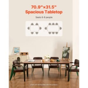 rectangle dining table, 71 inch length large wood tables for 6 8 person, farmhouse dinner furniture, rustic conference desk with iron legs, for home kitchen living room, brown(only table)