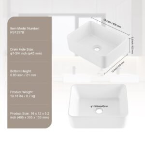 rectangle vessel sink, 16" x 12" bathroom vessel sink countertop, white ceramic bathroom sinks above counter, modern style, bright and elegant, well packaged for bathroom, hotel, toilet, rv