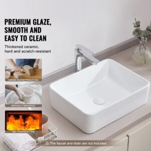 rectangle vessel sink, 19" x 14.7" bathroom vessel sink countertop, white ceramic bathroom sinks above counter, modern style, bright and elegant, well packaged for bathroom, hotel, toilet, rv