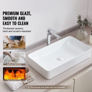 rectangle vessel sink, 24" x 13.8" bathroom vessel sink countertop, white ceramic bathroom sinks above counter, modern style, bright and elegant, well packaged for bathroom, hotel, toilet, rv
