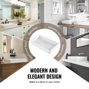 rectangle vessel sink, 24" x 13.8" bathroom vessel sink countertop, white ceramic bathroom sinks above counter, modern style, bright and elegant, well packaged for bathroom, hotel, toilet, rv