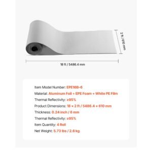 reflective insulation roll, 2 car garage door thermal insulation kit, 6mm 24 in x 18 ft, 4 rolls aluminum foil epe foam core radiant barrier, white pe film heat shield for garage doors