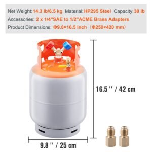 refrigerant recovery tank, 30 lbs capacity, 400 psi portable cylinder tank with y valve for liquid/vapor, high sealing recovery can for r22/r134a/r410a, orange+gray