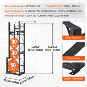 refrigerant tank rack, with 1 x 50lb, 2 x 30lb and other 3 small bottle tanks, cylinder tank rack 15.55x12.99x49.8 in, refrigerant cylinder rack and holders for freon, gases, oxygen, nitrogen