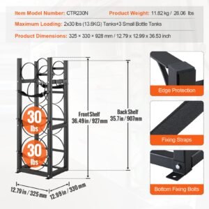 refrigerant tank rack, with 2 x 30lbs and other 3 small bottle tanks, cylinder tank rack 12.79x12.99x47.12 in, refrigerant cylinder rack and holders for freon, gases, oxygen, nitrogen
