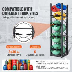 refrigerant tank rack, with 3 x 30lbs and other 3 small bottle tanks, cylinder tank rack 12.79x12.99x47.12 in, refrigerant cylinder rack and holders for freon, gases, oxygen, nitrogen