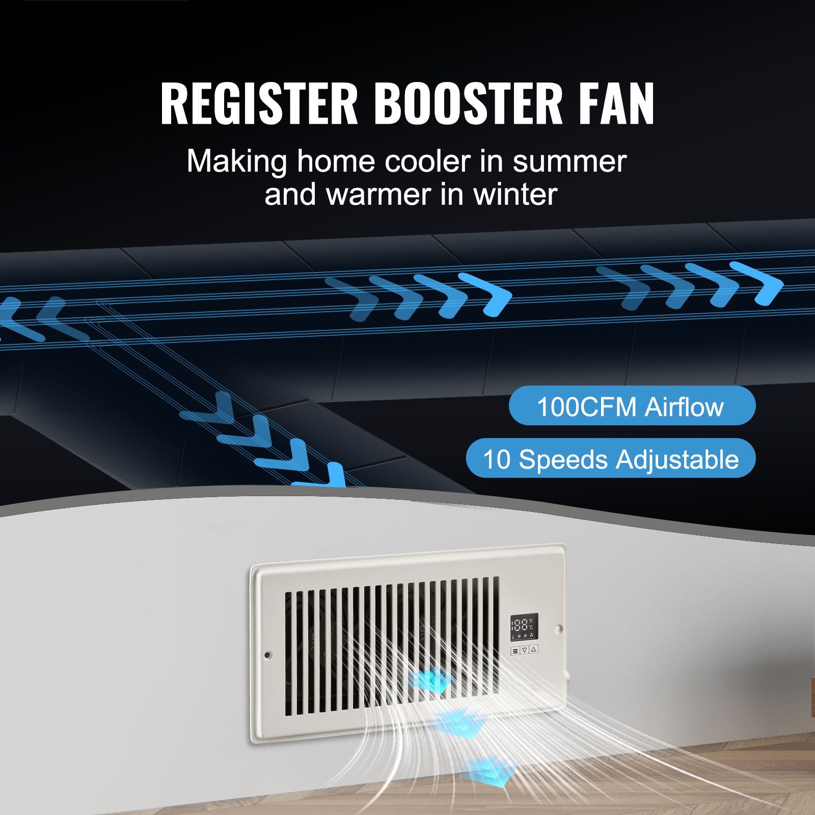 register booster fan, quiet vent booster fan fits 4' x 10' register holes, with remote control and thermostat control, adjustable speed for heating cooling smart vent, white