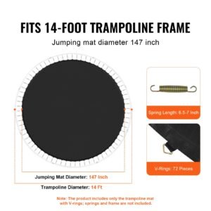 replacement trampoline mat, jumping mat fits 14ft frame, universal jumping mat for 14ft round trampoline, reinforce uv resistant mat with spring tool & durable v rings, fit 6.5" 7" spring length