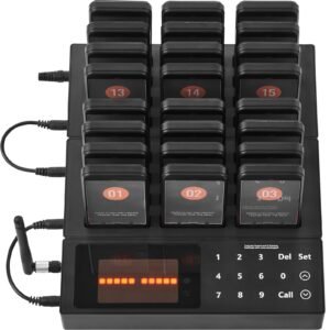 restaurant pager system, wireless 400m long range lineup waiting queue signal, guest customer calling beepers with vibration & flashing, 24 buzzers for food truck, church, nursery, hospital